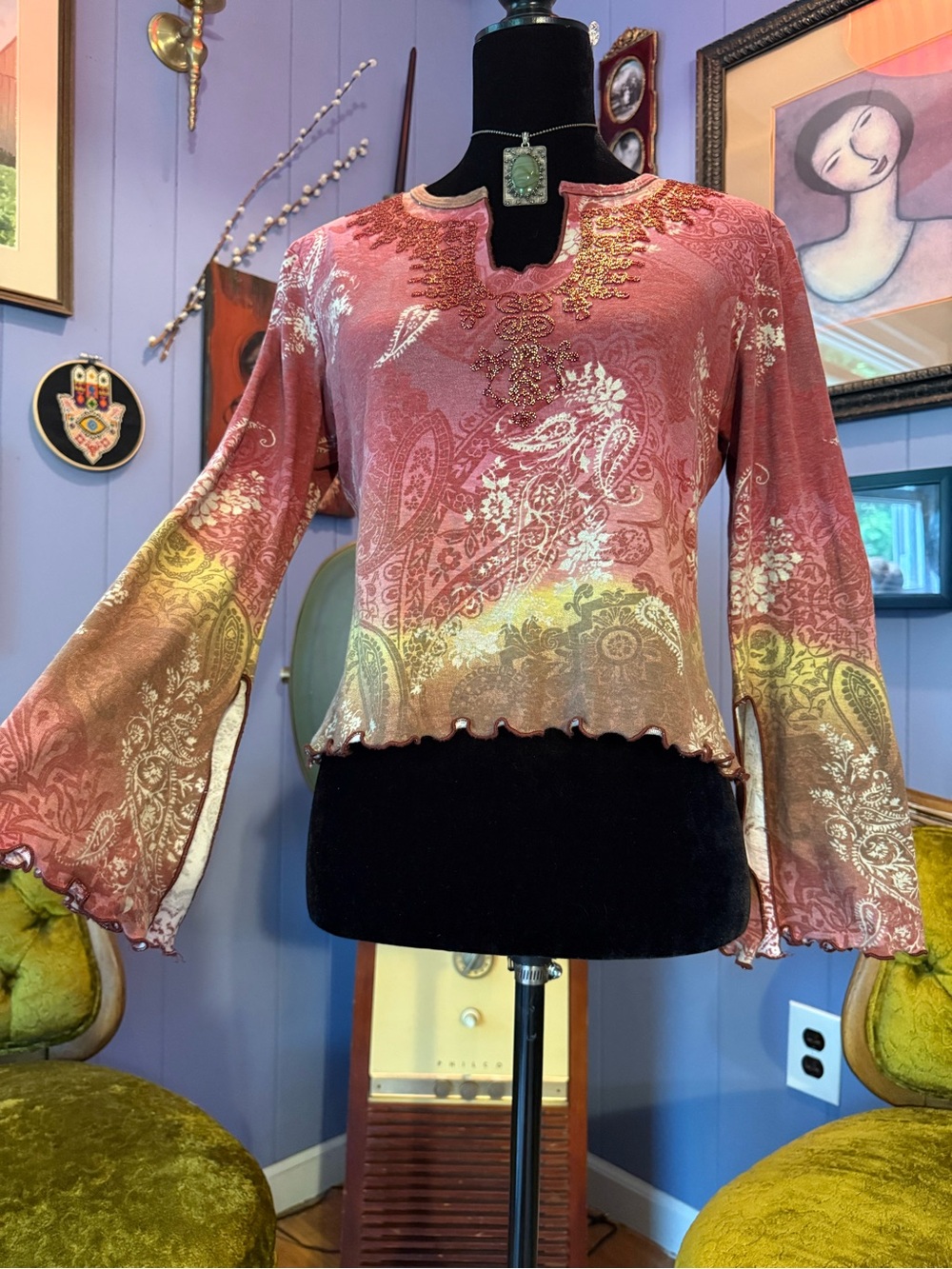 Vintage Y2k Anxiety Paisley Fairycore Boho Earthcore Cotton Bell Sleeve Top